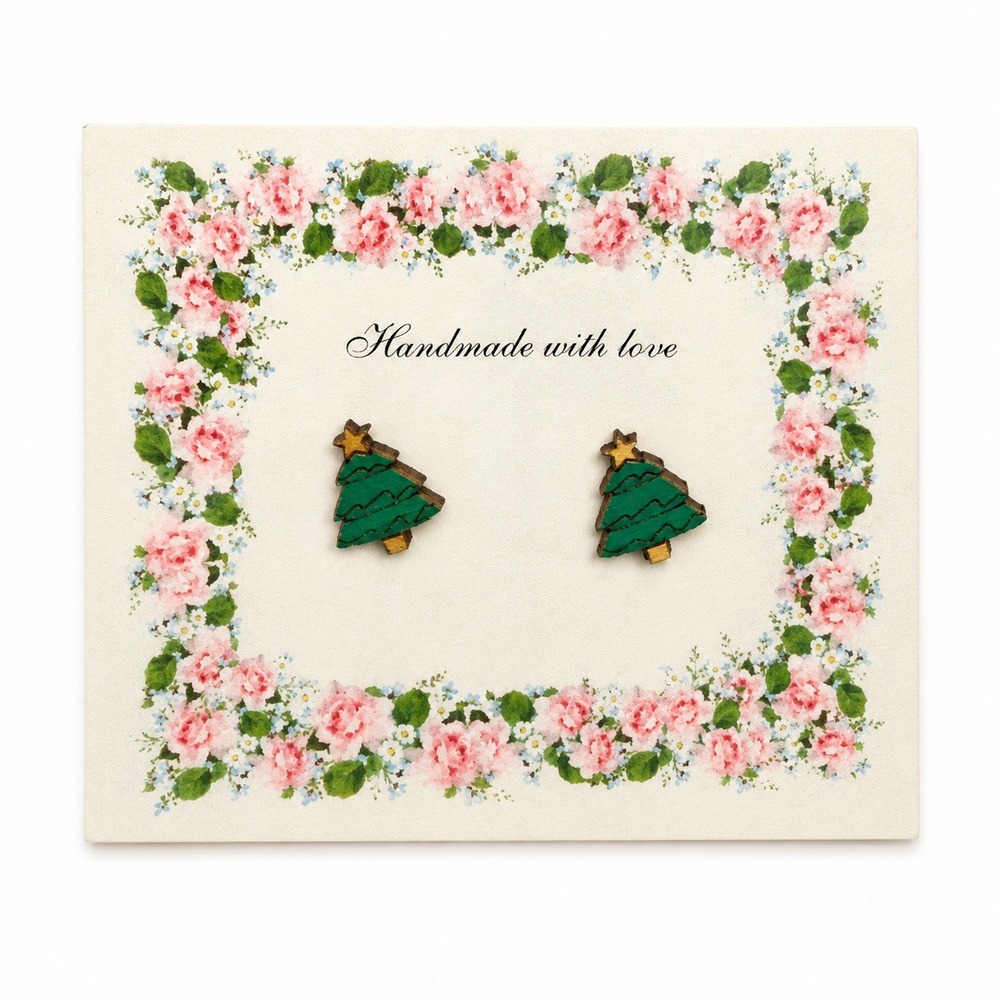 Handmade Christmas Tree Earrings Women OS Green Wooden Holiday Star Studs